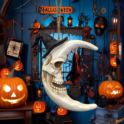 Crâne d'Halloween avec chapeau de sorcière et lune, figurines de collection suspendues en résine, art mural mignon et effrayant pour les fêtes d'horreur/maison hantée