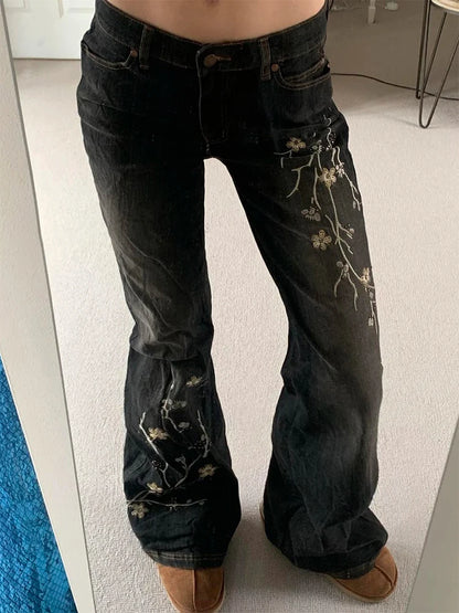 Jean Vintage brodé de fleurs Y2k années 2000, jean évasé taille basse, Baggy d'été pour femmes, mode Streetwear, pantalon en Denim