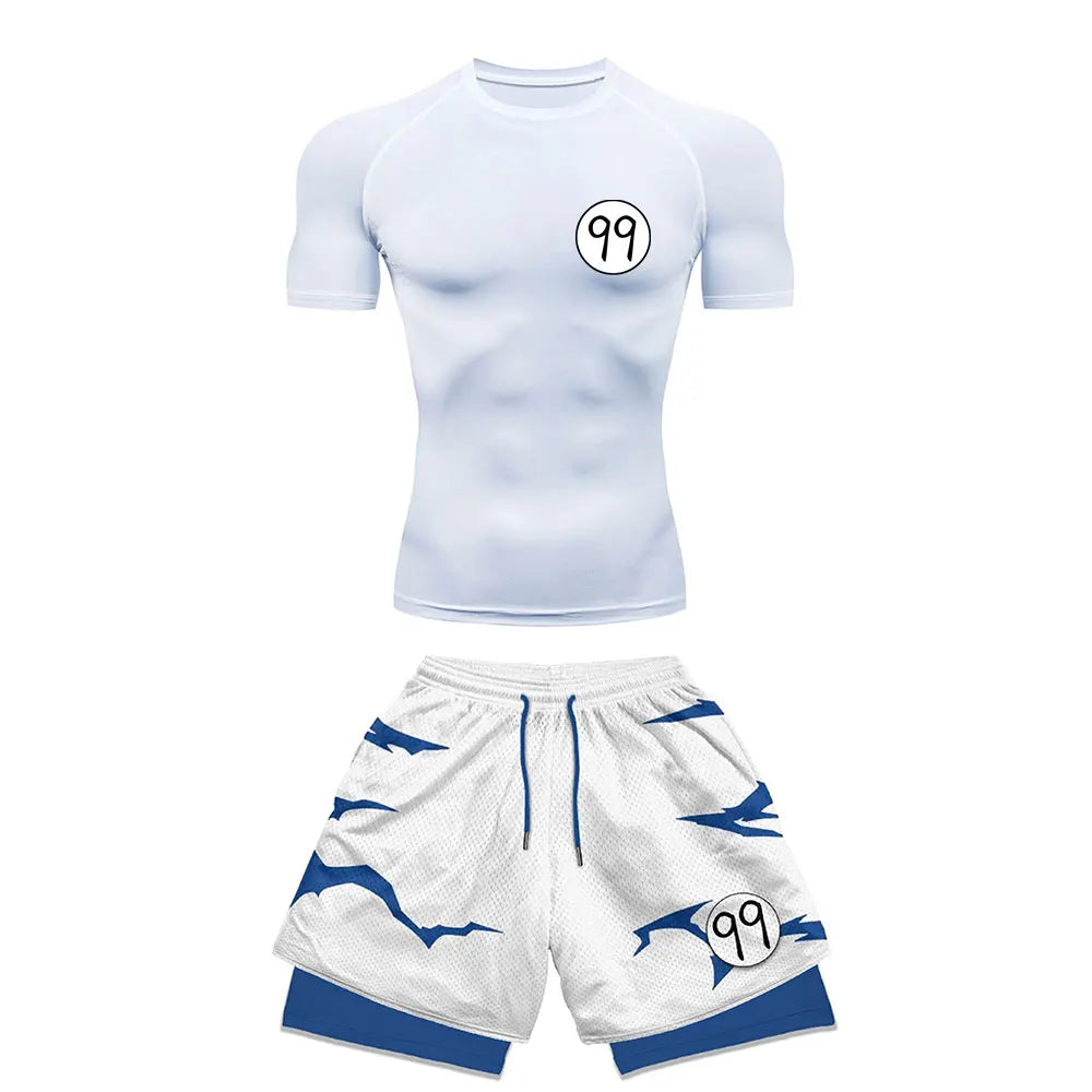 Chemise de Compression + short de gymnastique 2 pièces entraînement été Anime imprimé ensemble de Compression de gymnastique course Sport Fitness costume pour hommes vêtements de Sport