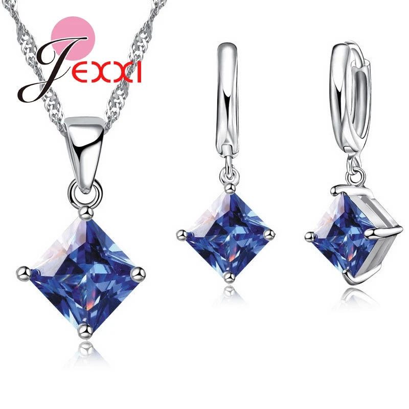 Ensemble de bijoux de mariage en argent regardé 925 pour femme, beaux pendentifs, colliers et boucles d'oreilles, ensembles de bijoux en cristal clairs et carrés, 8 couleurs