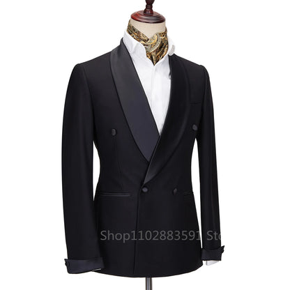 Smoking à revers en satin noir imbibé pour hommes, double boutonnage, châle de mariage, costume de fête, vêtements pour hommes, marié, nouveau, 2024, 2 pièces