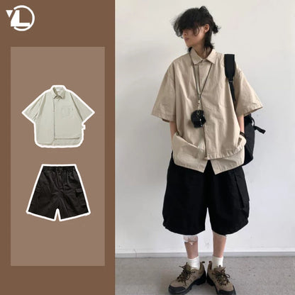 Ensemble coréen pour hommes, chemise à manches courtes + plusieurs poches, Short d'outillage, couleur unie, rétro, tendance d'été, ensemble deux pièces