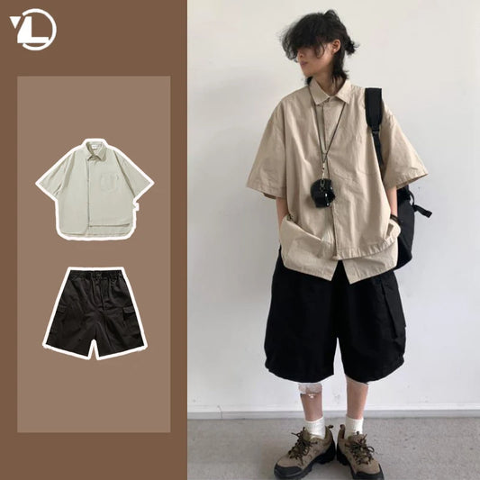 Ensemble coréen pour hommes, chemise à manches courtes + plusieurs poches, Short d'outillage, couleur unie, rétro, tendance d'été, ensemble deux pièces