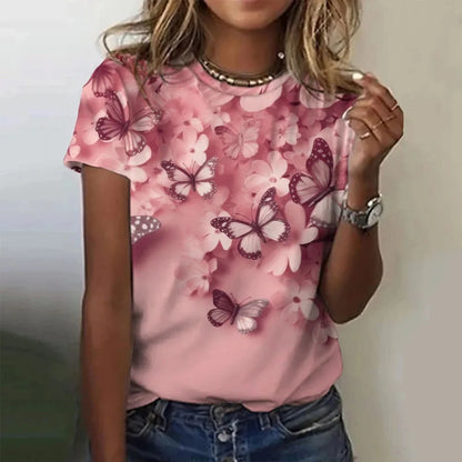 T-shirt manches courtes col rond femme, estival et surdimensionné, avec motif Floral et fleur papillon imprimé en 3D, Y2k, Harajuku, vêtements féminins, nouvelle collection