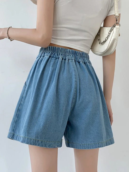 Short en Denim ample pour femmes, taille haute plissée, Mini court, ligne A, jambes larges, décontracté, été, 2025, Y2k