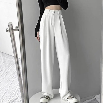 Pantalon de costume pour femmes, Style coréen, taille haute, jambes larges, poches inclinées, pantalon de bureau ample, pantalon de costume d'affaires décontracté