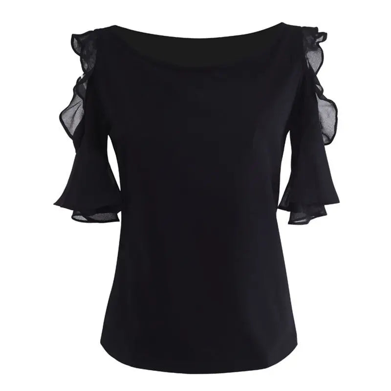 Nouveau Chemise d'été chemisier en mousseline de soie noir femmes élégantes haut de gamme ajouré manches à volants