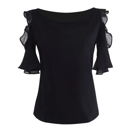 Nouveau Chemise d'été chemisier en mousseline de soie noir femmes élégantes haut de gamme ajouré manches à volants