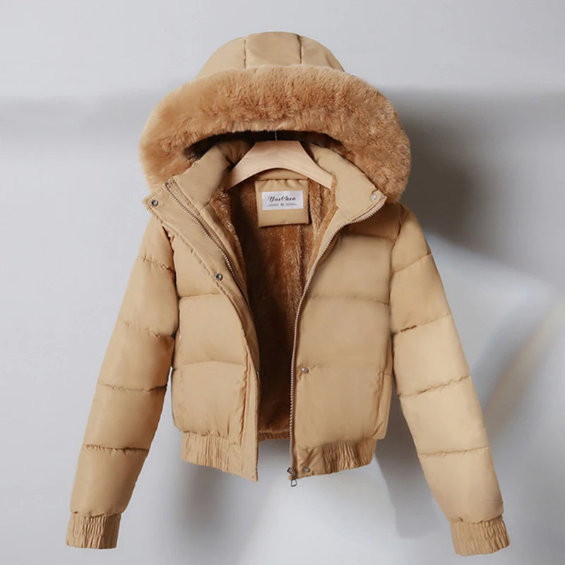 sister fara Doudoune à capuche en coton pour femme, grand col en fourrure