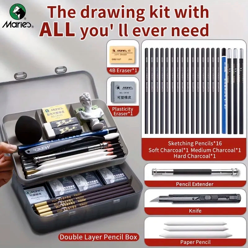 Marie's – ensemble de crayons de grande capacité, 31 pièces/44 pièces, boîte Double couche pour croquis et peinture pour adultes, étudiants et artistes