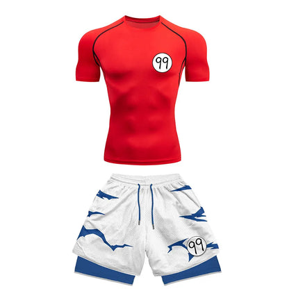 Chemise de Compression + short de gymnastique 2 pièces entraînement été Anime imprimé ensemble de Compression de gymnastique course Sport Fitness costume pour hommes vêtements de Sport