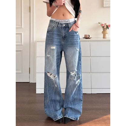 Jean bleu taille haute à trous multiples pour femmes, pantalon à jambes larges, pantalon américain Cool Girl, bas décontracté, survêtement féminin