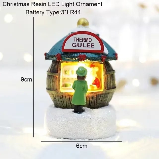 Maison LED de noël, aiguilles de pin, bonhomme de neige de noël, décoration lumineuse en résine, boutique de père noël, Micro ornements de paysage