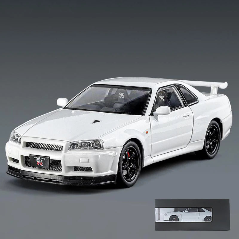 1:24 GTR R34 Skylin Diecast Modèle En Métal De Voiture Son Et Lumière Tirer Supercar Sport Racing Collection Loisirs Vacances Cadeau Garçon