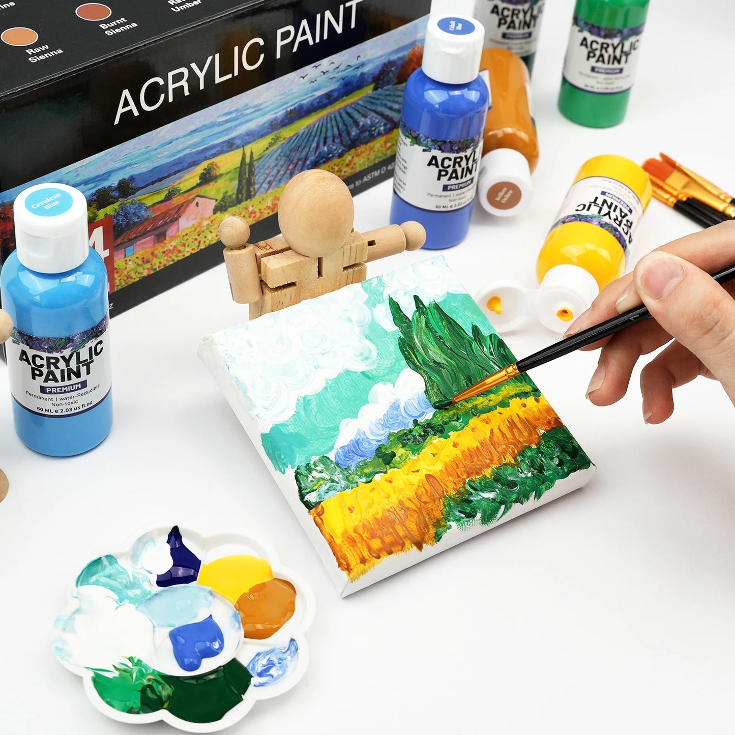 Ensemble de peinture acrylique avec 10 pinceaux, 24 couleurs (60ml, 2 US fl oz), artisanat d'art pour Halloween, citrouille, peinture céramique, Kit de fournitures d'art