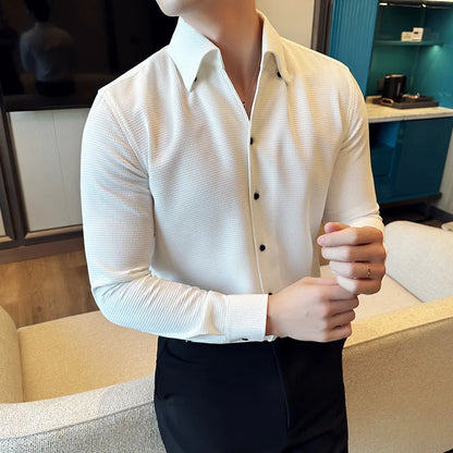 Chemise gaufrée à manches longues pour hommes, coupe couvertes, col en V, monochromatique, affaires décontractées, robe formelle, fête sociale, streetwear, 4XL, automne
