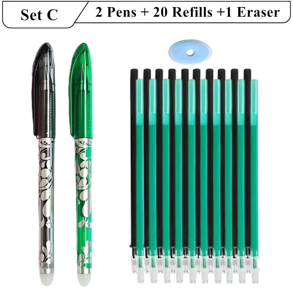 2 stylos Gel effaçables + 20 recharges + 1 gomme, encre magique de 0.5mm en noir bleu rouge vert,