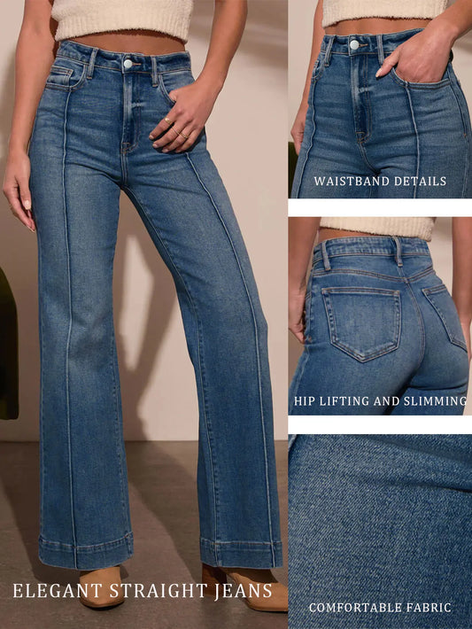 Jean droit taille haute bleu foncé pour femme, coupe cintrée, version jambes larges, tissu denim extensible, jean intellectuel élégant, nouvelle collection automne