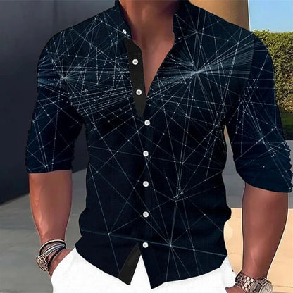 Chemise à boutons à motif géométrique pour hommes, manches longues, mode rue, extérieur, décontracté, quotidien, été, printemps et automne, col montant imprimé