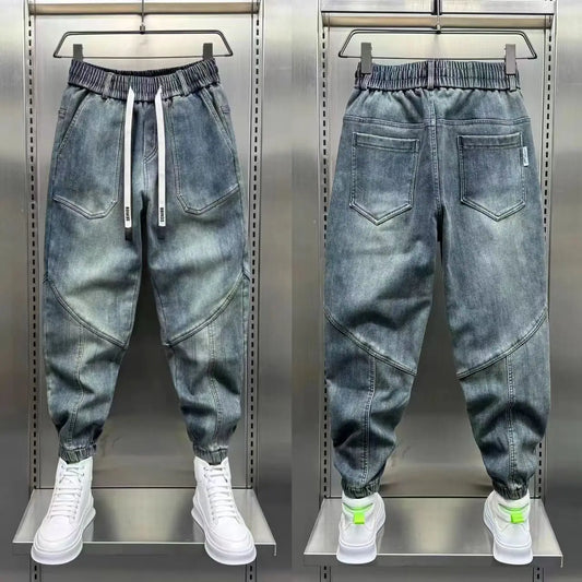 Jean Denim Bleu pour Homme, Pantalon Sarouel, Taille artificiel astique, Poignets, Vêtements de Luxe Décontractés, Mode Printemps-Automne, Nouveau, 2024