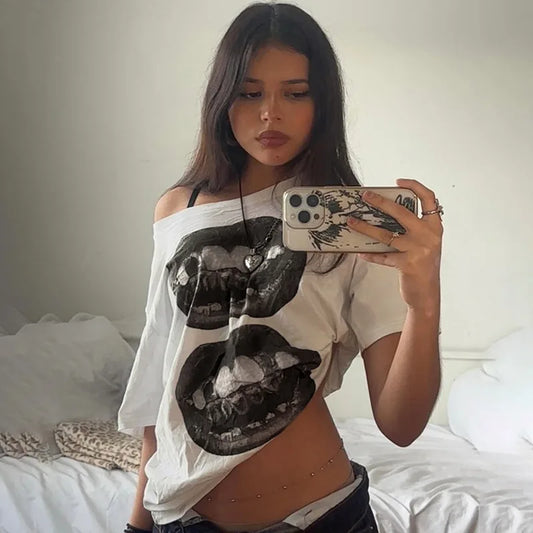 Rue hip hop style bouche impression simple épaule lâche t-shirt style décontracté été contraste couleur mince sexy hors épaule vêtements