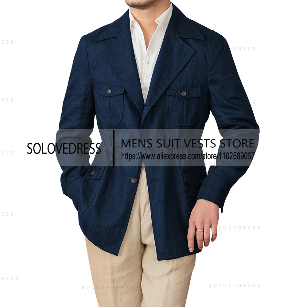 Veste en lin simple boutonnage col à revers coupe ajustée lin costumes pour hommes veste d'été Blazer (juste une veste)