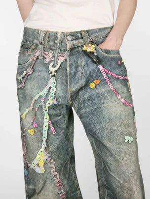 Jean en denim ample à jambes larges, style de rue, rétro, chaîne de bonbons imprimée neutre, nouveau couple, pantalon ample taille basse, printemps et été