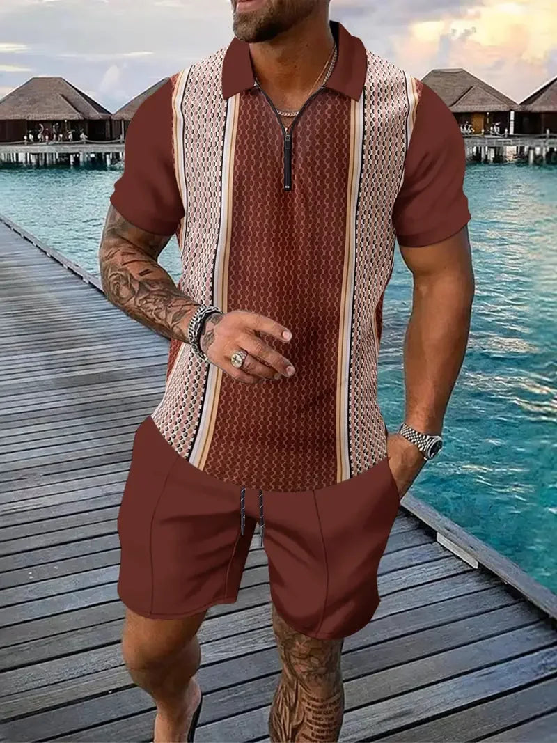 Polo et short College en 3D pour hommes, motif ethnique rétro, fermeture éclair, vêtements de rue décontractés, mode, nouveau, 2 pièces