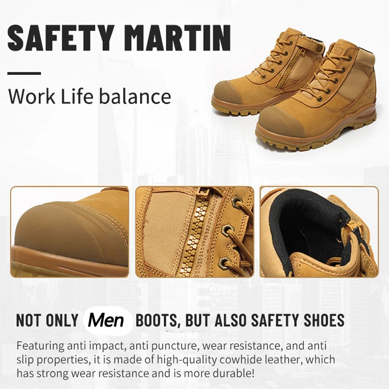 Bottes de sécurité en cuir véritable pour hommes, chaussures de travail indestructibles, chaussures à bout en acier, chaussures de protection de sécurité anti-perforation