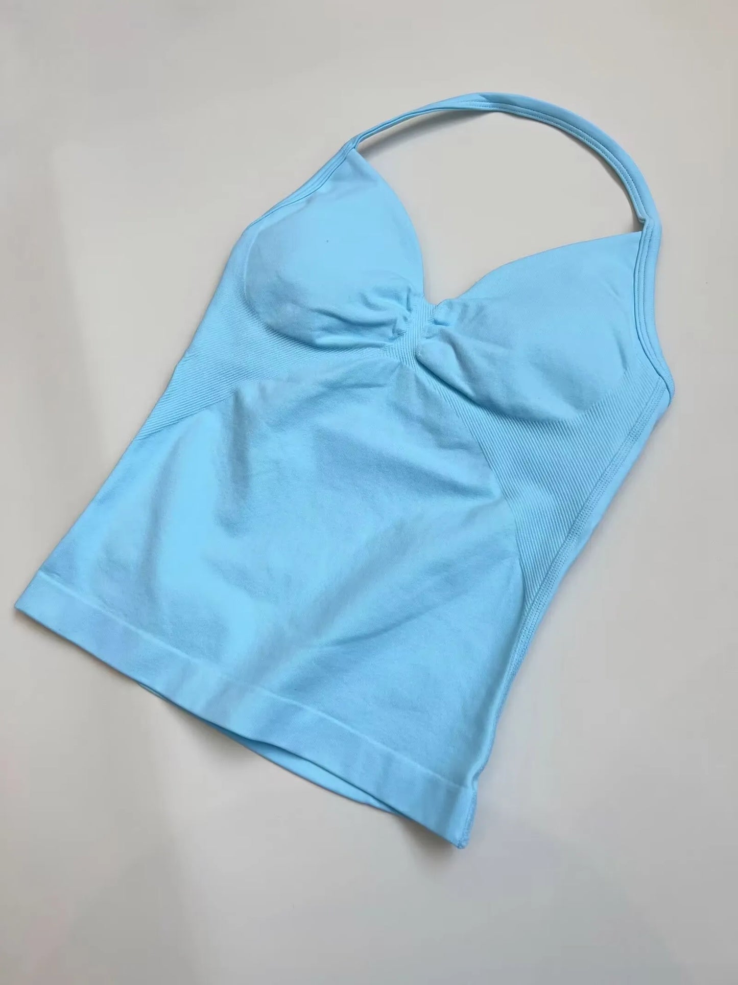 Haut de sport à bretelles palangre, dos nu, Logo personnalisé, vêtements de sport pour femmes, soutien-gorge intégré froissé avec bonnets amovibles, débardeurs de Yoga