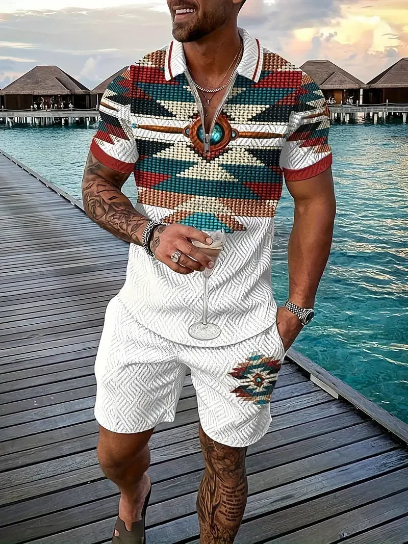 Polo et short College en 3D pour hommes, motif ethnique rétro, fermeture éclair, vêtements de rue décontractés, mode, nouveau, 2 pièces