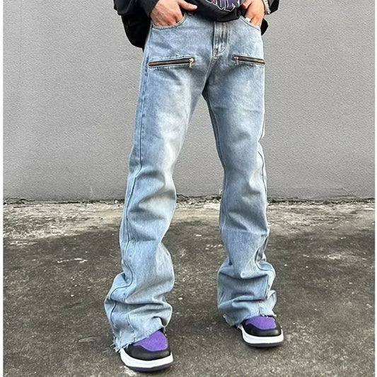Jeans évasés baggy déFlexrétro pour hommes, pantalons en denim à jambes larges, streetwear Hip Hop, droit, fermeture éclair, mode Y2K, fjRopa zones bre, 2023