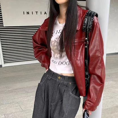 Veste en cuir à revers rouge rétro pour femme, manteau d'hiver ample pour fille, haut doux et cool, début d'automne, nouveau