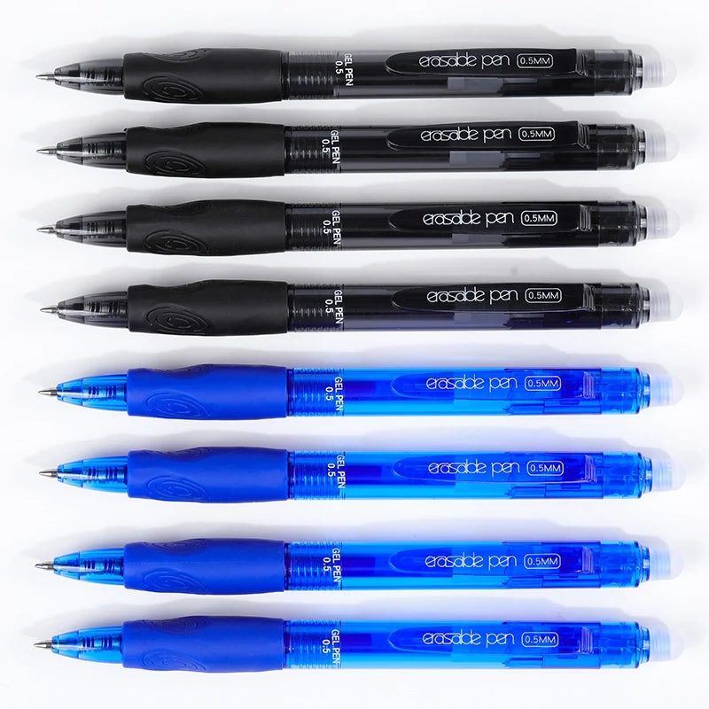 Stylos à Gel effaçables à pression noir et bleu, 0.5mm + 4 recharges + 1 stylo en caoutchouc