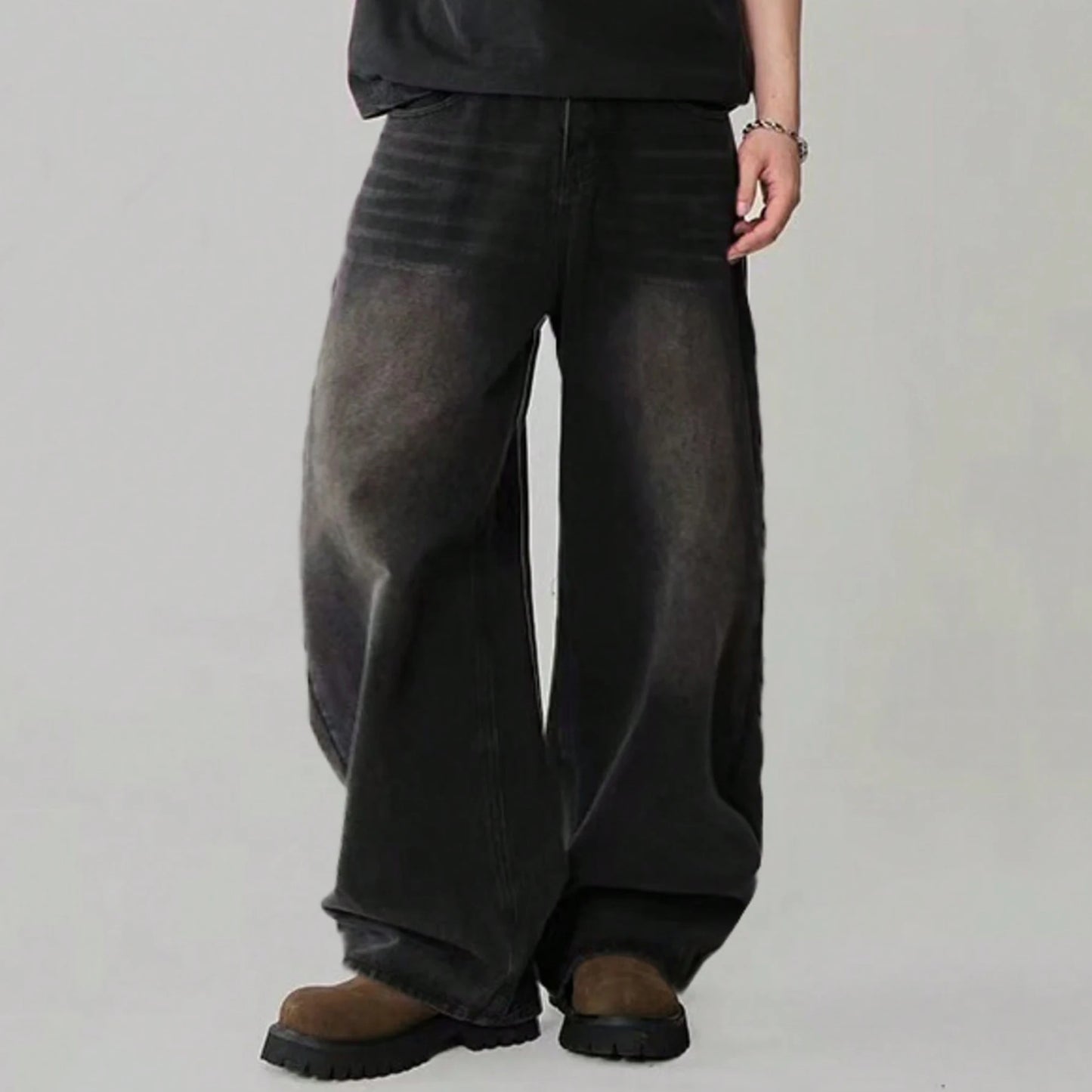 Jean quatre saisons pour hommes Version coréenne étudiant pantalons décontractés haute rue droit ample jambe large Jean noir gris bleu Baggy Jean