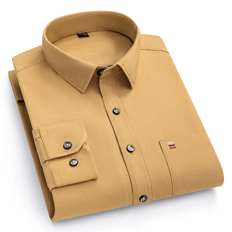 Nouveau 100% pur coton hommes chemises manches longues couleur unie doux coupe régulière chemise décontractée poche Social Blouse hommes vêtements S-7XL