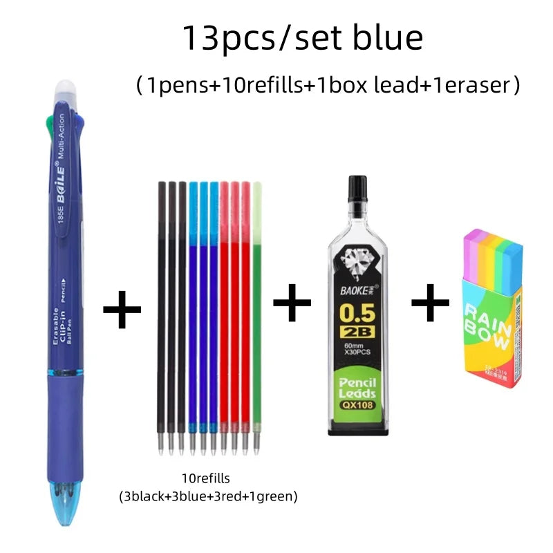 Stylo à bille multicolore effaçable 5 en 1, recharge 4 couleurs de 0.7mm et crayon automatique de 0.5mm,