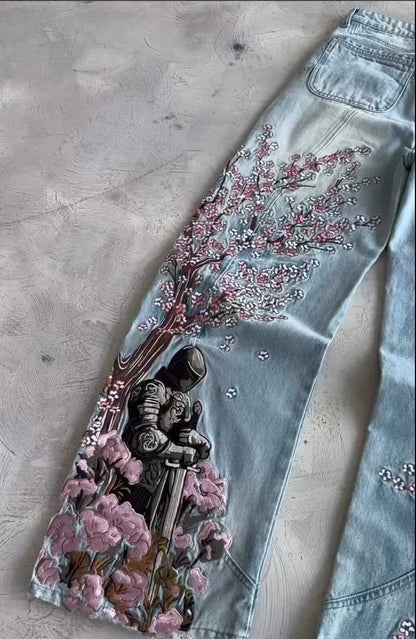 Hommes femmes cerisier fleur chevalier tout broderie Denim pantalon Y2k Vintage Baggy rue jean droit taille haute lavé bleu Jean