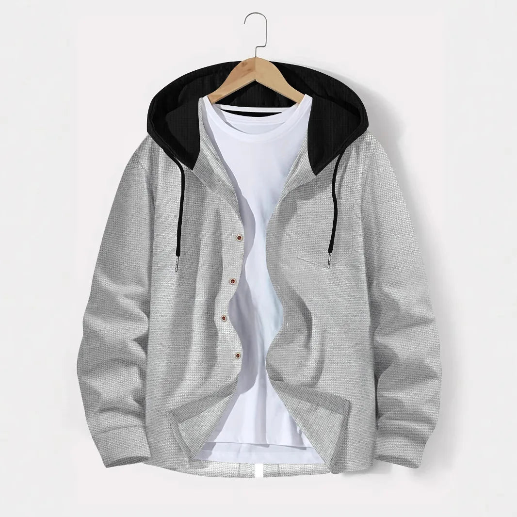 2025 printemps et automne hommes gaufre treillis couleur boutonnage à capuche cardigan décontracté manteau nouvelle mode lâche sports de plein air haut pour hommes