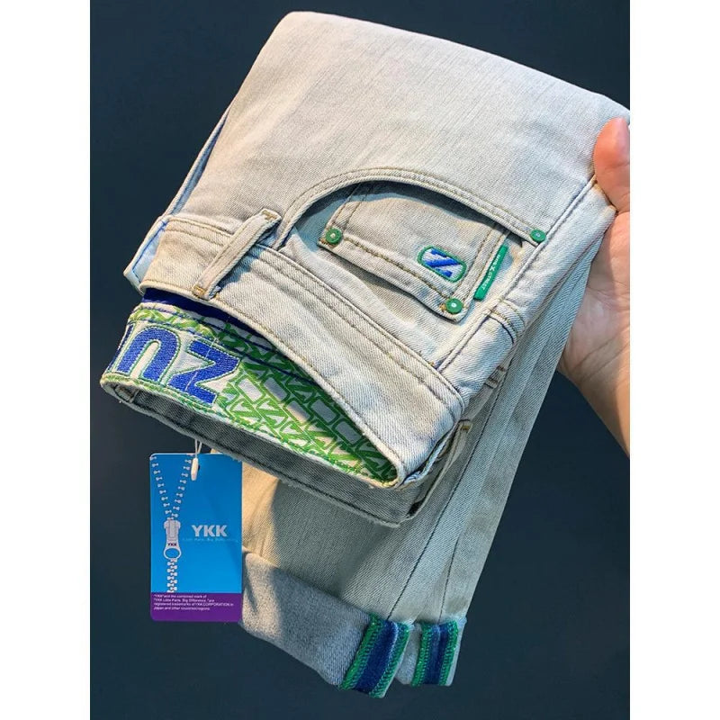 Jean Bleu Clair Délavé pour Homme, Pantalon en Denim de Coton, observateur et Décontracté, Coupe Droite, Polyvalent, à la Mode, Affaires, Été
