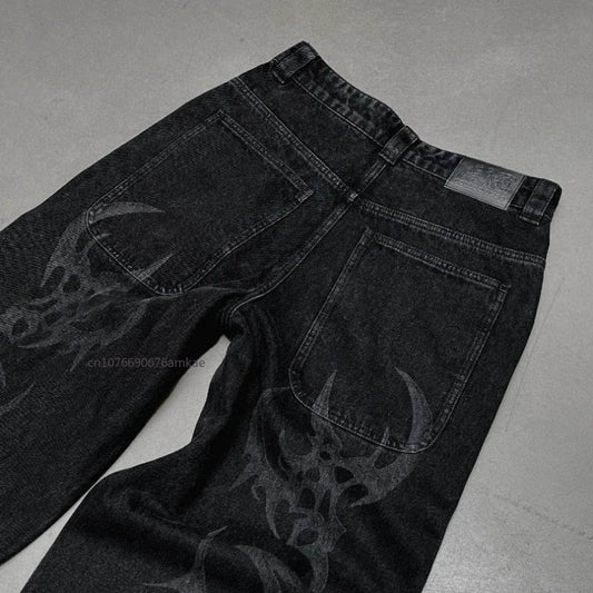 Ins-Pantalon droit en coton noir pour hommes et femmes, Jeans College de motifs de personnalité sombre, High Street Couple, Automne, Hiver, Nouveau