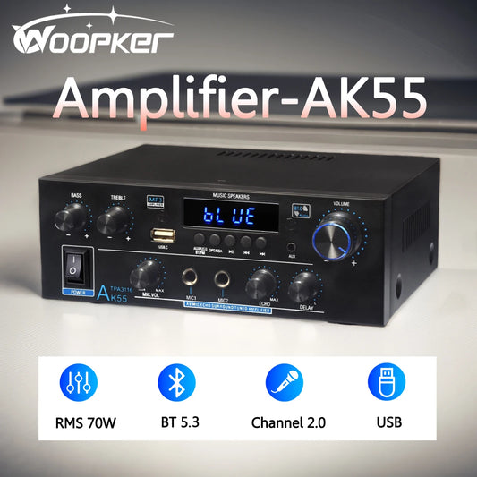 Woopker amplificateur Audio AK55 HiFi stéréo Channel2.0 RMS70W * 2 Bluetooth 5.3 prise en charge AUX/OPT/RCA amplificateur de puissance de caisson de basses alimenté