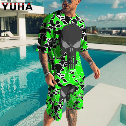 YUHA – ensemble t-shirt manches courtes pour hommes, vêtements d'été pour hommes, impression de squelette Terrible en 3D, Short décontracté, survêtement masculin 2 pièces, nouvelle collection