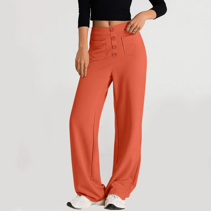 Pantalon à jambes droites pour femmes, classique, Simple, solide, taille haute, mode, poches à boutons, taille élastique, décontracté, nouvelle collection
