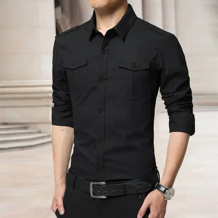 Chemise slim à manches longues de style militaire pour hommes, épaulette en coton, double poche, chemise décontractée, nouveau, 2025