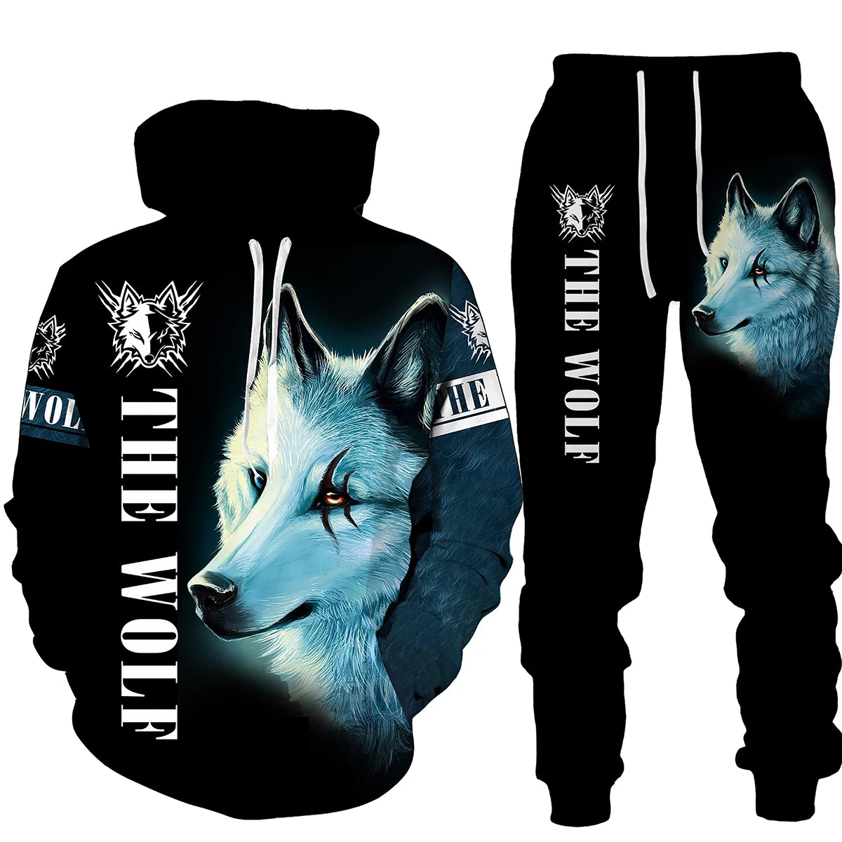 Ensemble de pantalons de survêtement et sweat à capuche College en 3D pour hommes, survêtement surdimensionné, streetwear imbibé, vêtements de sport, motif animal loup, hiver, automne