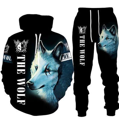 Ensemble de pantalons de survêtement et sweat à capuche College en 3D pour hommes, survêtement surdimensionné, streetwear imbibé, vêtements de sport, motif animal loup, hiver, automne