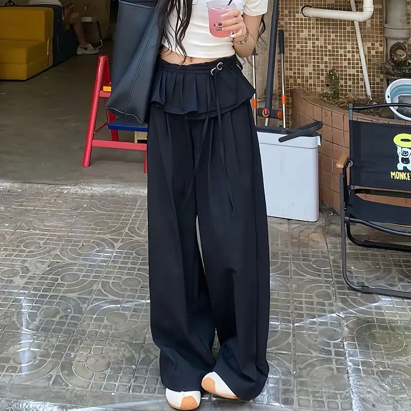 Pantalon noir à jambes larges pour femmes, Streetwear, mode Y2K, à volants, Patchwork, Baggy, été, Harajuku, coréen, pantalon droit décontracté