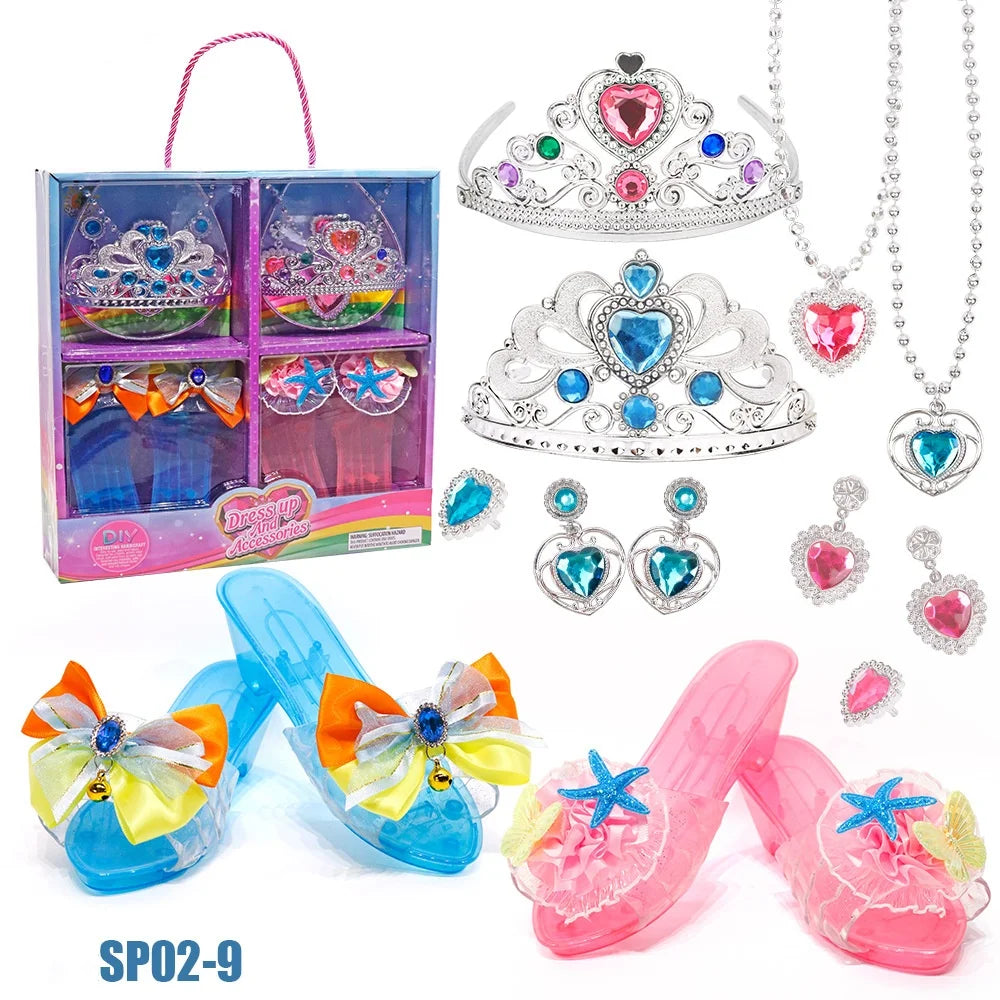 Ensemble de jouets de déguisement de princesse avec chaussures en cristal, collier, boucles d'oreilles et boîte à bijoux pour enfants – Idée pour fêtes d'anniversaire et récréation