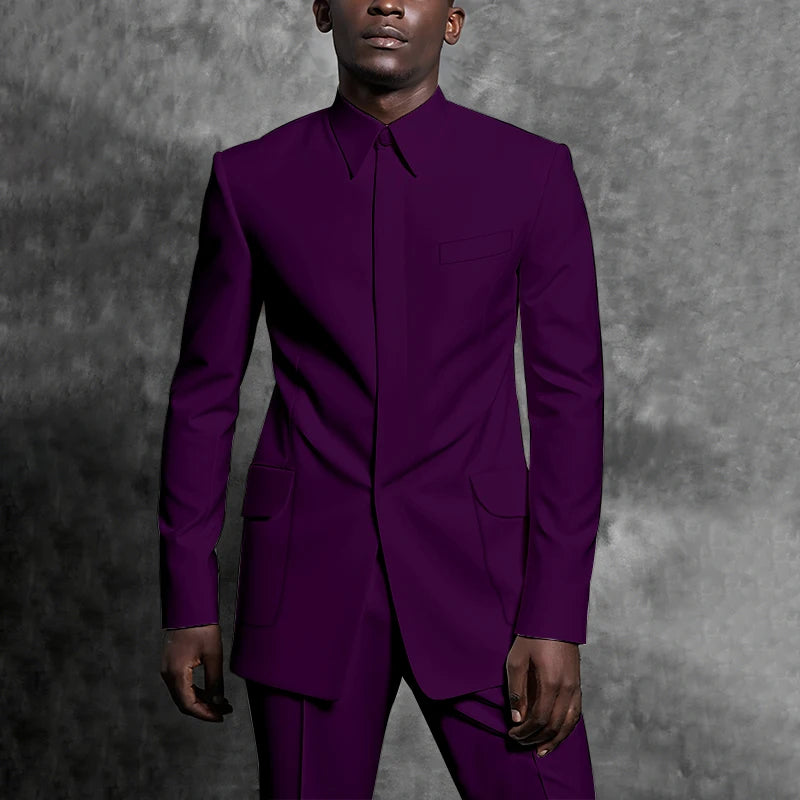 Costumes sur mesure col montant smoking Gentleman couleur unie tenue homme costume ensemble 2 pièces intelligent décontracté quotidien bureau mâle vêtements